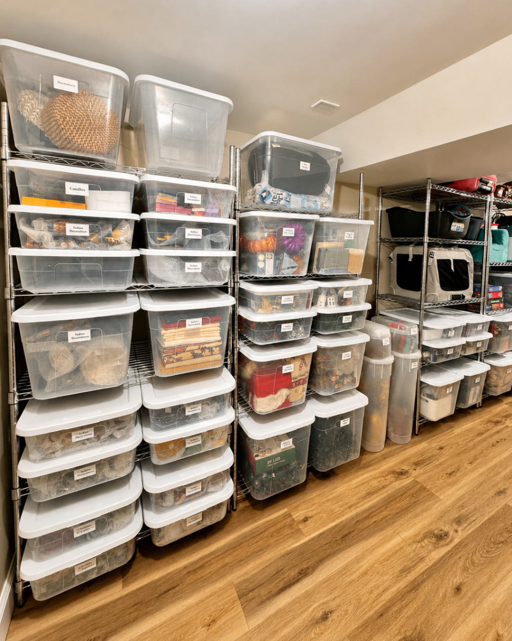 Storage area with clear labeled bins on metal shelving.