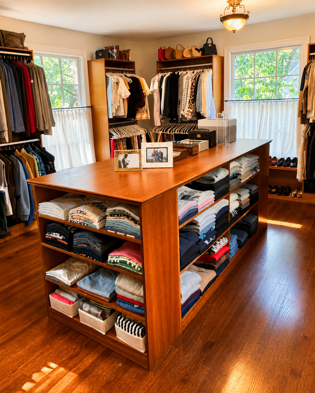 Spacious walk-in closet with a wood center island and neatly organized clothing.